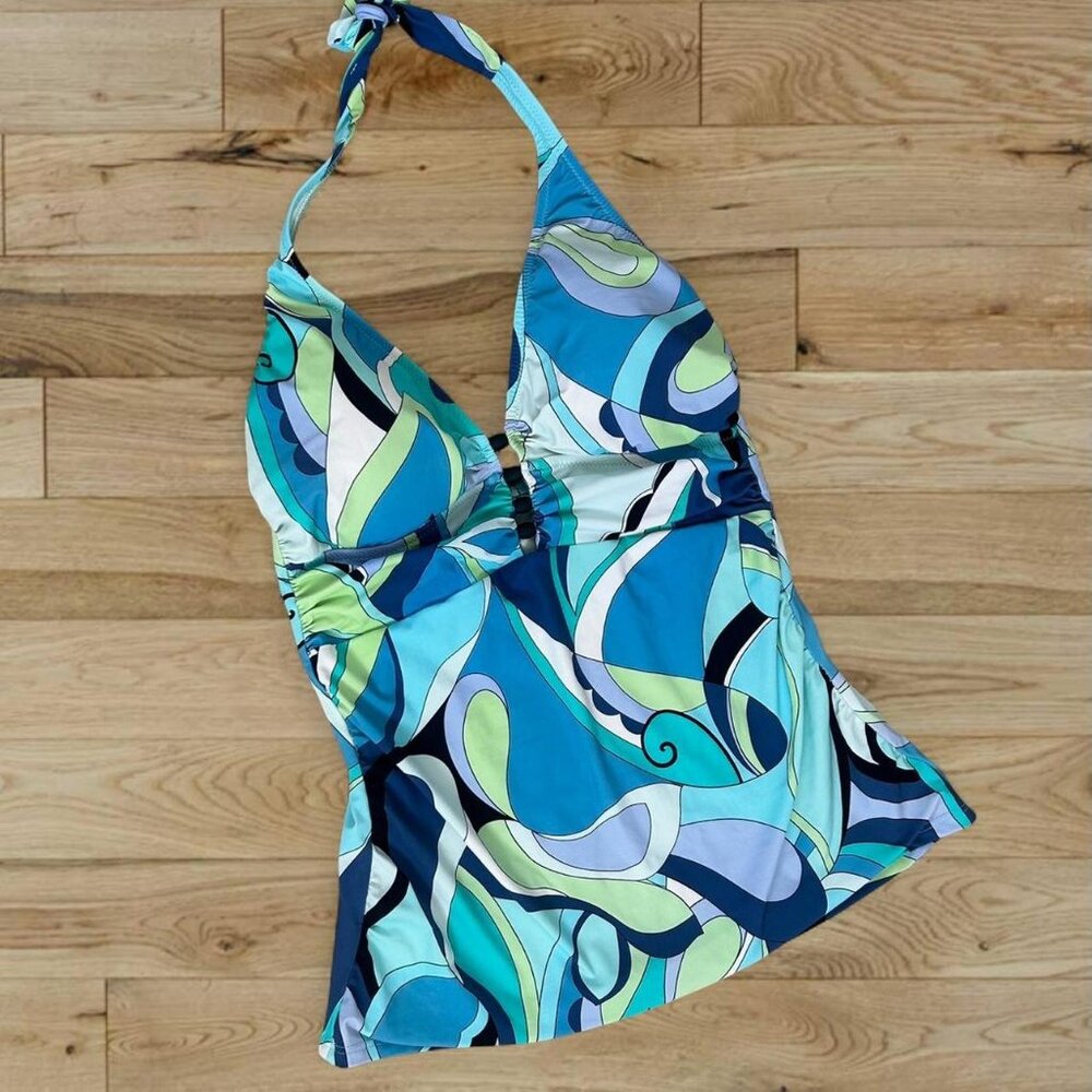 Vintage Y2K profile by Gottex blue and green full length printed halter swim tan
